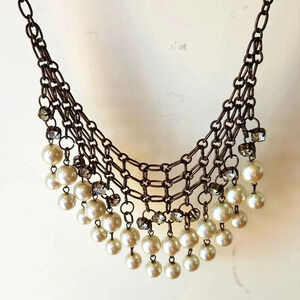 Bib Faux Pearl Rhinestone Chain Necklace 20"‎